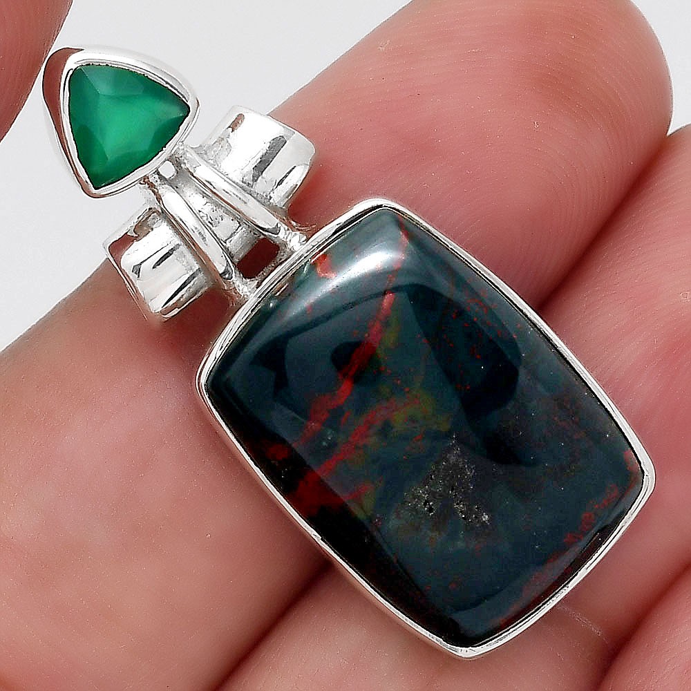 Blood Stone – India and Green Onyx 925 Sterling Silver Pendant Jewelry P-1159