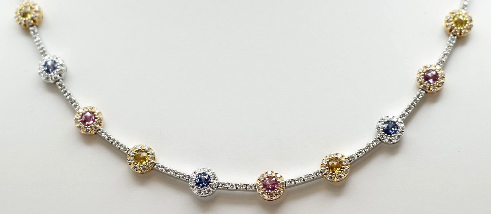 18k Two Tone Gold Multi-Colored Natural Sapphires & Diamond Necklace 31.7 Grams