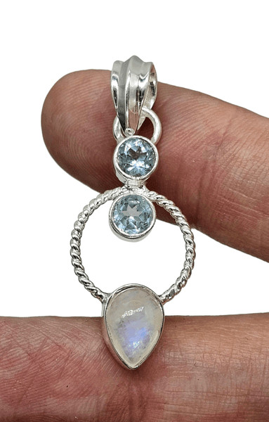 Rainbow Moonstone & Blue Topaz Pendant, Sterling Silver, June and December Birth