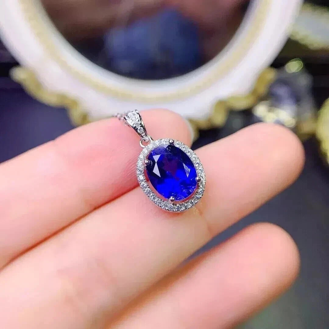 4.80Ct Oval Cut Natural Blue Sapphire & Diamond 14K White Gold Luxurious Pendant