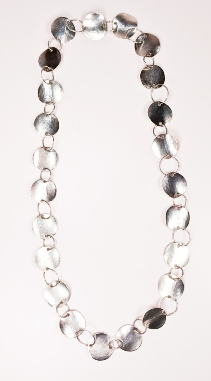 925 Sterling Silver Hammered Disc Link Necklace 26″ 25.22g Large Circles Tested