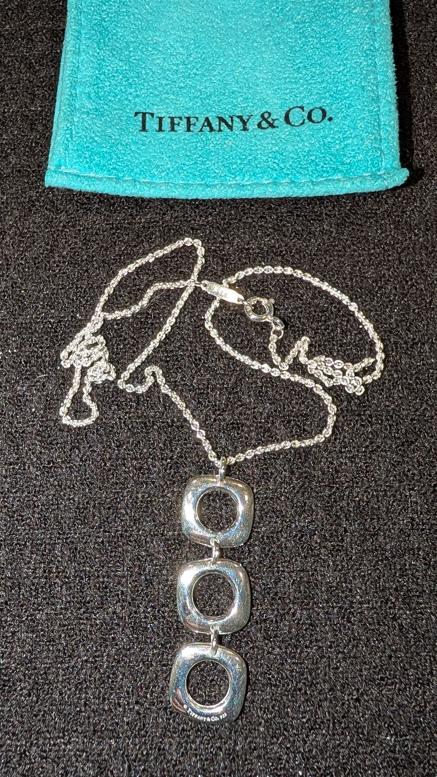 Tiffany & Co Sterling Silver Triple Square Cushion Drop Pendant 925 Necklace 16″