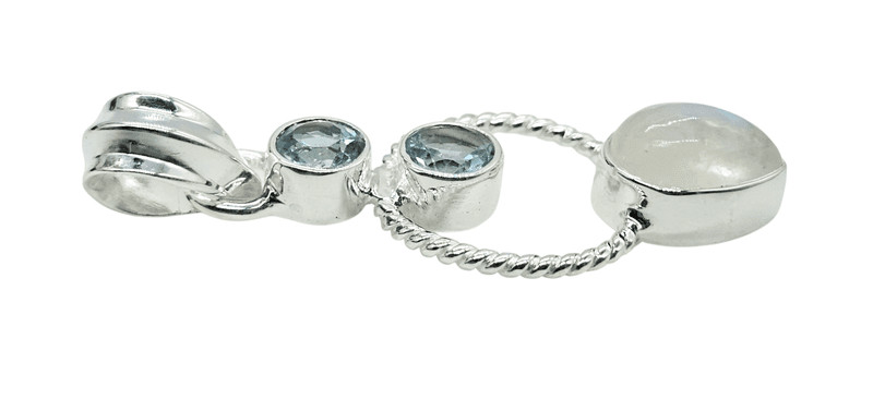 Rainbow Moonstone & Blue Topaz Pendant, Sterling Silver, June and December Birth