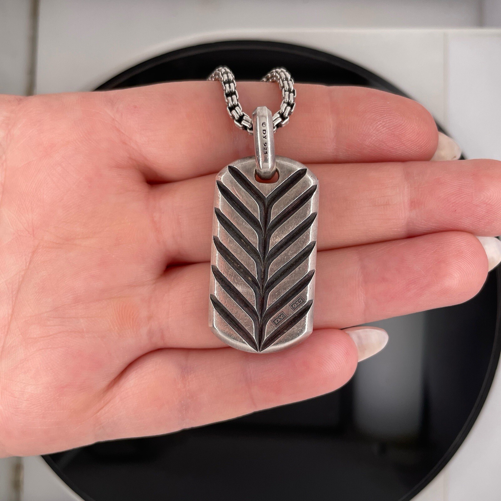 David Yurman Silver Diamonds & Garnets Chevron Tag Pendant Necklace $5000 Retail
