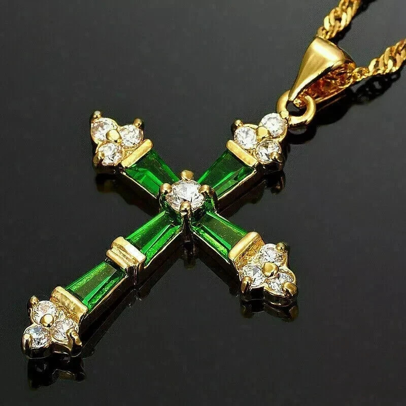 2CT Baguette Cu Lab-Created Emerald Diamond Cross Pendant 14K Yellow Gold Plated