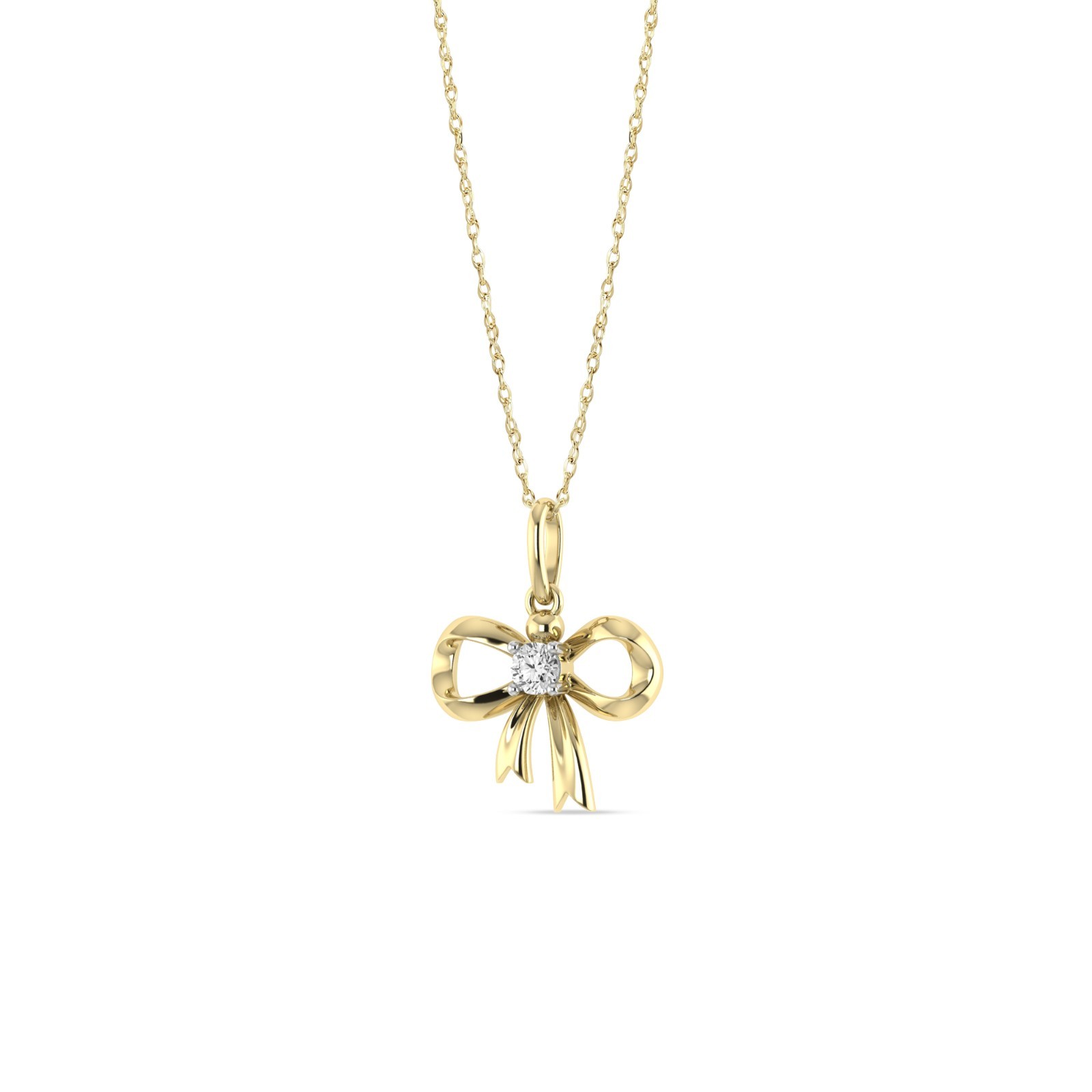 Bow Ribbon Pendant 1/10 Ctw Round Cut Lab Grown Diamond With Chain in 10K Gold
