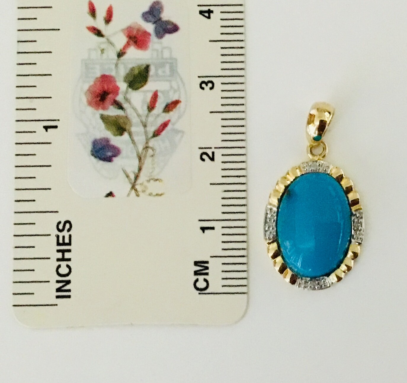 Solid 14K Yellow Gold Natural Turquoise & Diamonds Pendants For Necklace NEW
