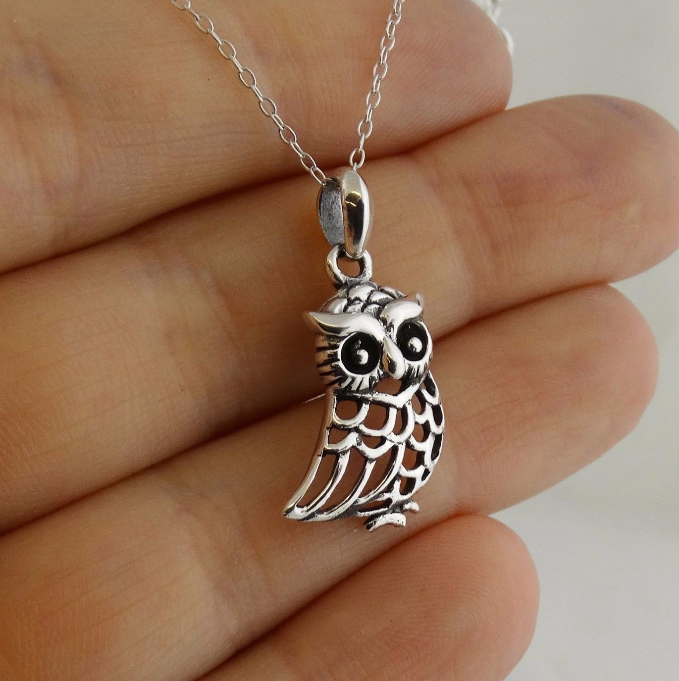 Owl Pendant Necklace – 925 Sterling Silver – Openwork Outline Bird Owls Gift