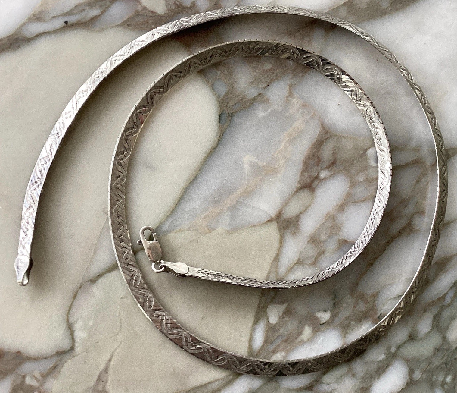 MILOR Italy Sterling Silver Wide Textured Herringbone Necklace 24”reversible 23G