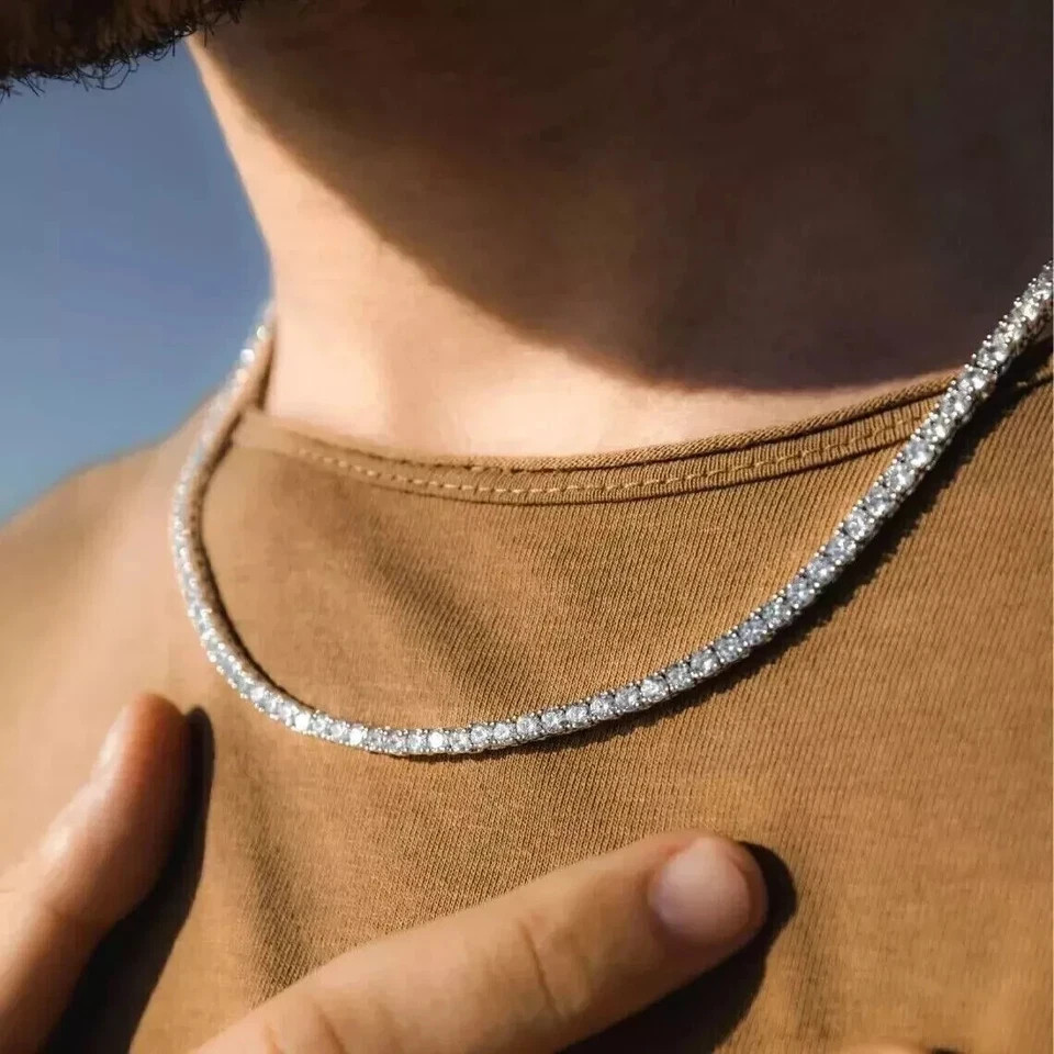 12 CT Round Cut White Moissanite Men Tennis Necklace 14K White Gold Plated
