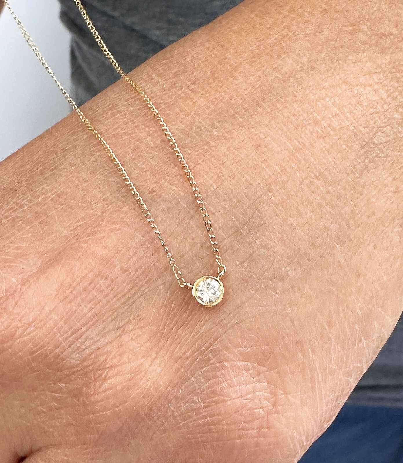 14k Yellow Gold Round Cut Lab Diamond Pendant And Chain, Necklace, Bezel 0.30ctw