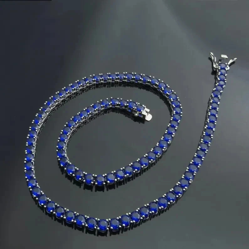 20TCW Round Cut Lab Created Blue Sapphire Tennis Necklace 14k White Gold Plated