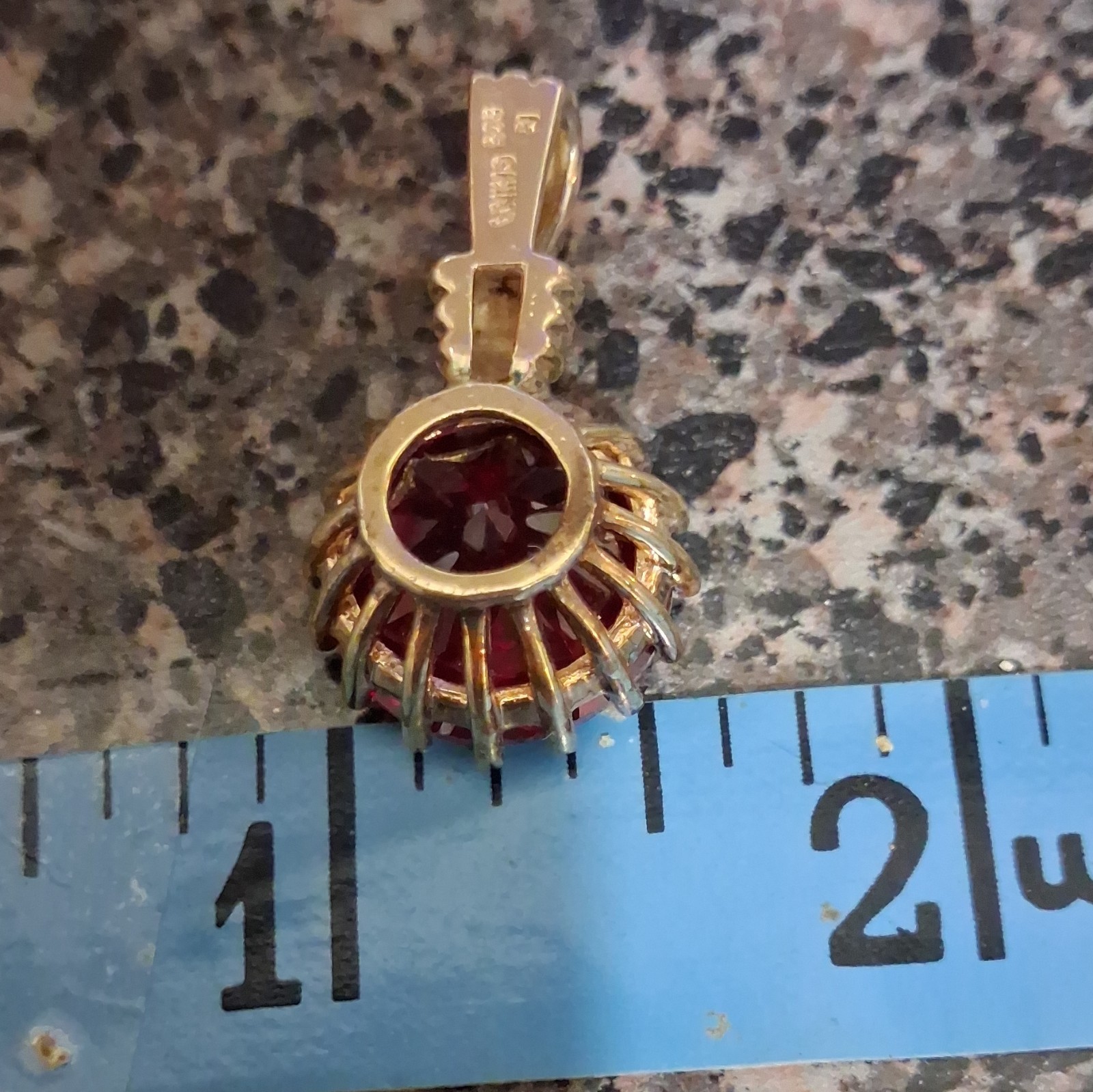 925 Yellow Gold Round Pendant, 1 Red Gemstone, Prong Set, Signed