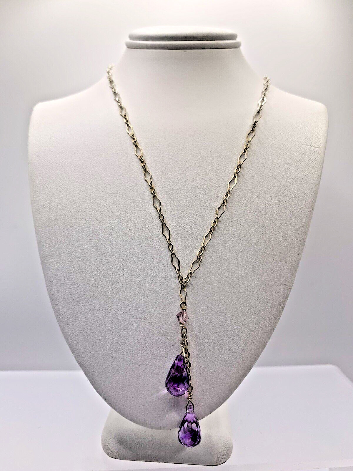 Pretty Amethyst Briolette 2 Drops( 7mm x 14m) 15 inch Sterling Silver Necklace
