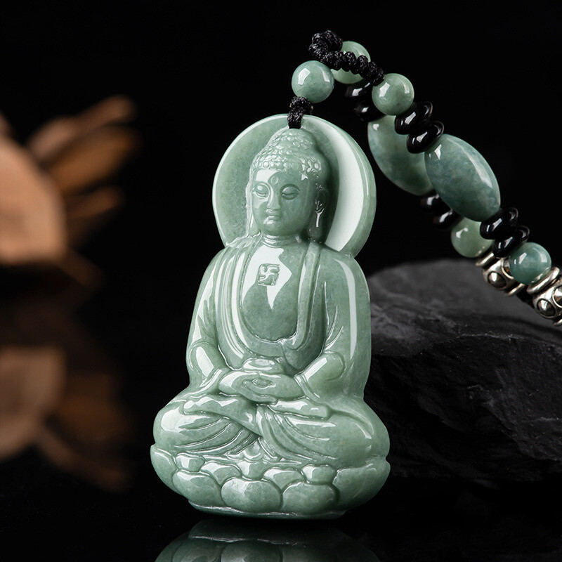 Natural Jade Green Buddha Amitabha Buddha Statue Necklace Pendant Male Female
