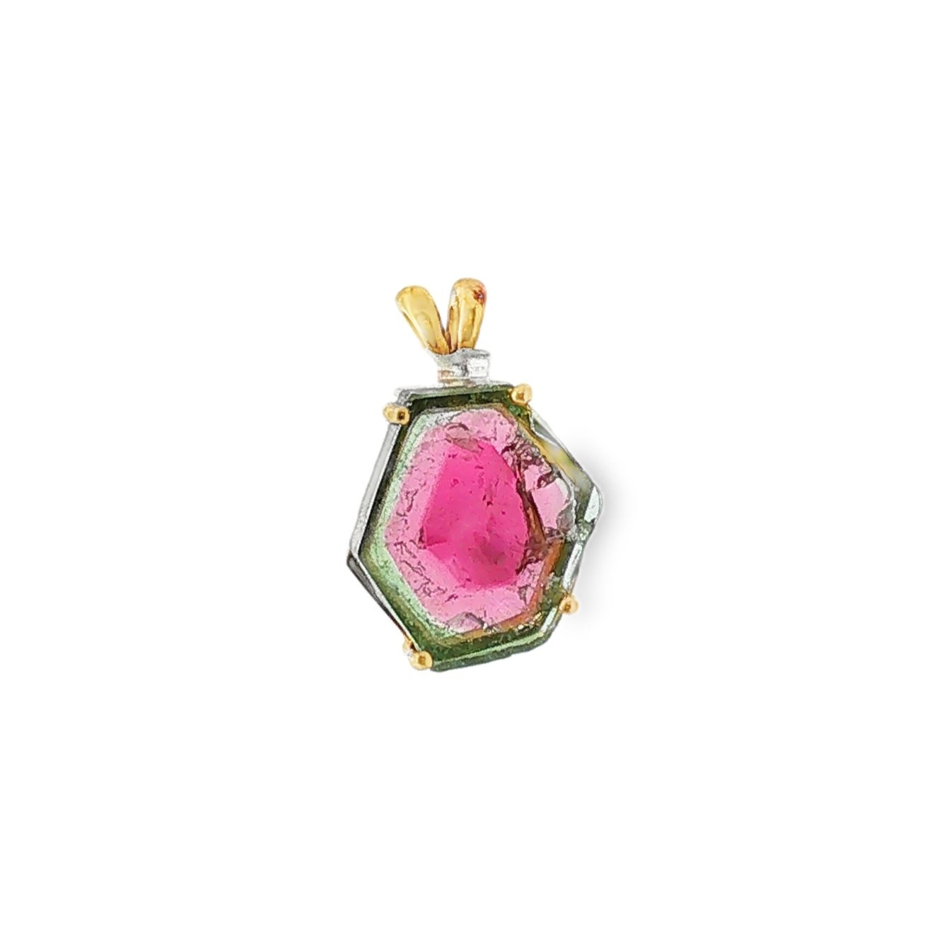 Vintage 18KY Asymmetrical Hexagon Watermelon Tourmaline Pendant – 0.75″ by 0.50″