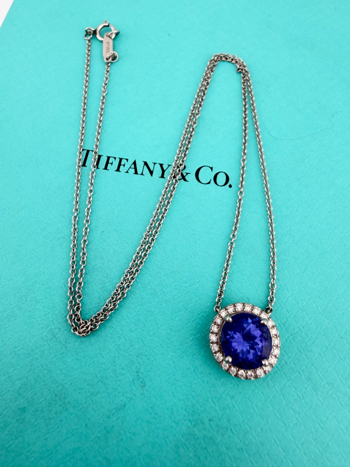 Tiffany & Co. Tanzanite Diamond Halo Solstice Necklace Platinum 16.25in