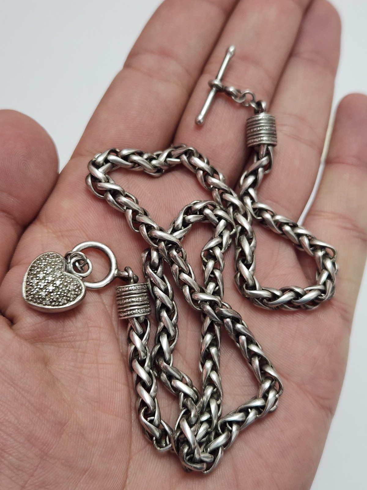 HEAVY 46.93g Sterling Silver THICK 18″ Wheat Chain Heart Toggle necklace CHUNKY