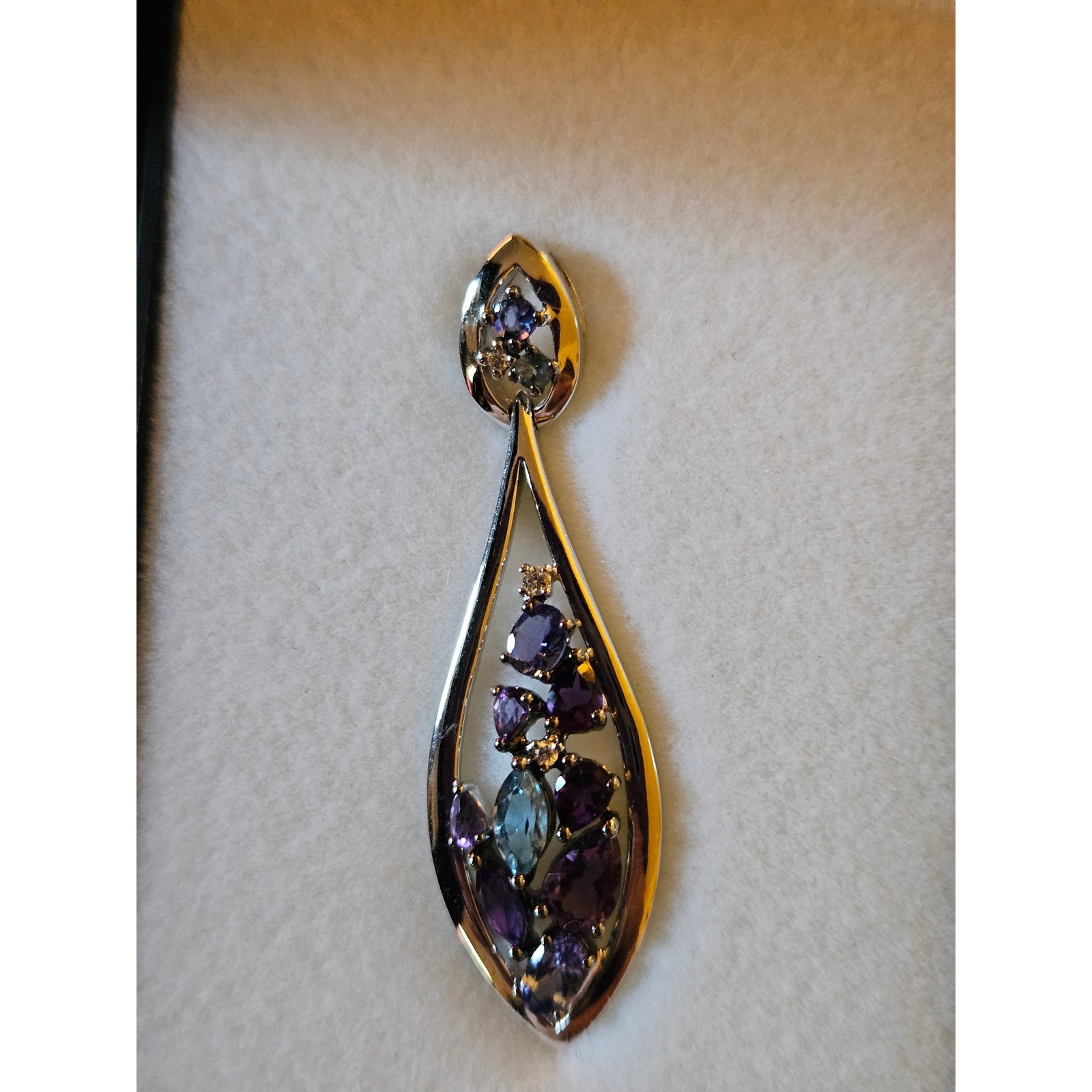 14k White Gold Amethyst Blue Topaz Tanzanite Diamond Teardrop Pendant. 2 inches