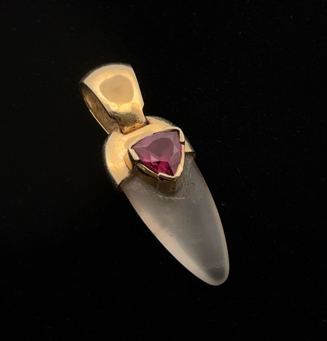 14k Yellow Gold Frosted Quartz & Trillion Cut Ruby Pendant 5.6g