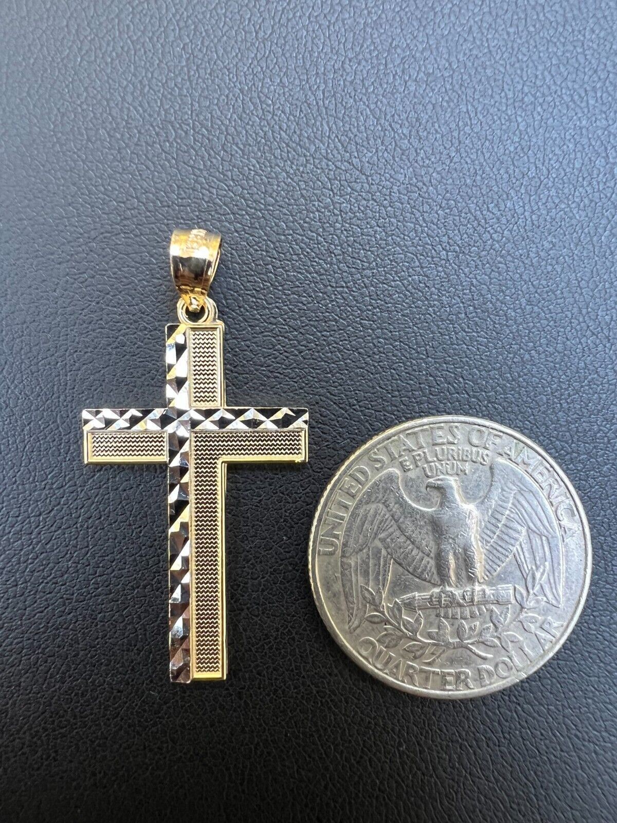 Real 14k Solid Yellow & White Diamond Cut Gold Cross Crucifix Pendant Necklace