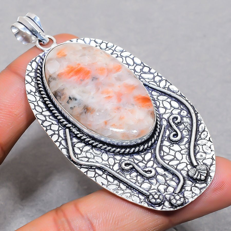 Sunstone Gemstone Handmade Ethnic 925 Sterling Silver Jewelry Pendant 3.3″ l472