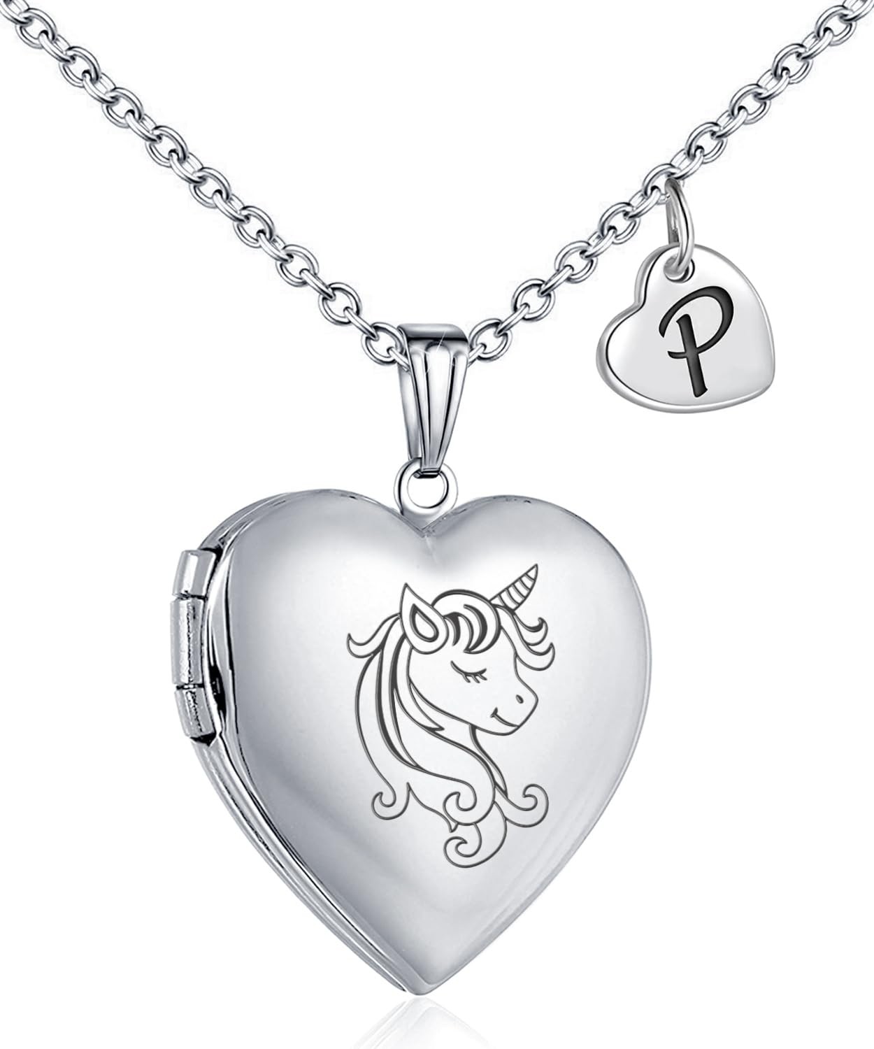 Unicorns Gifts for Her Love Heart Initial Letter Locket Necklace that Holds Pict