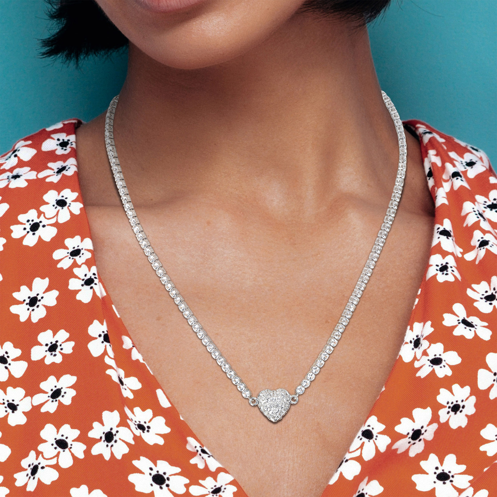 Amour Sterling Silver Created White Sapphire Necklace with Heart Clasp – 17 in