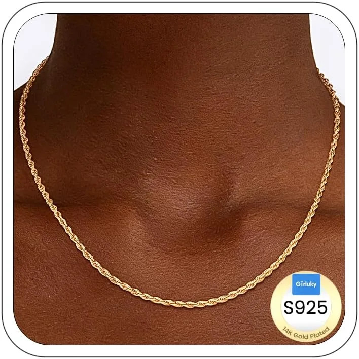 2mm Rope Chain 925 Sterling Silver Chain Necklace for Women, 14K Gold Plated Cha