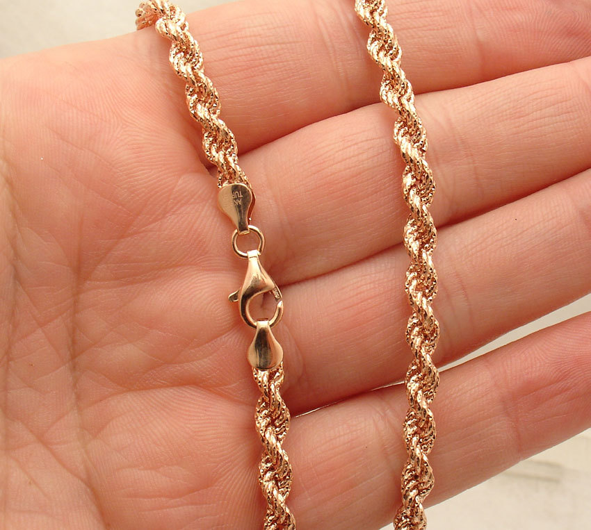 Technibond Diamond Cut Rope Chain Necklace 14K Rose Gold Plated Sterling Silver