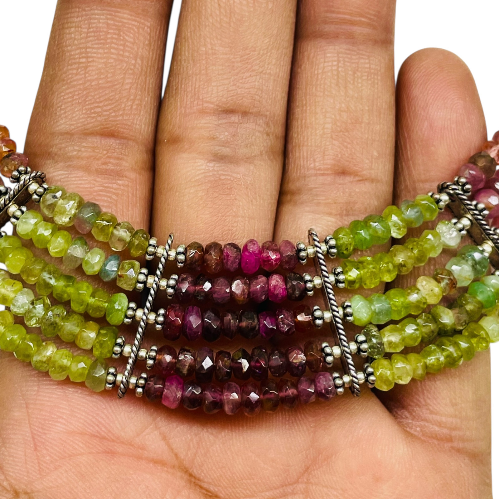 5 Strand Natural Multi Tourmaline Necklace 4-5mm Facetted Beads 925 Silver Clasp