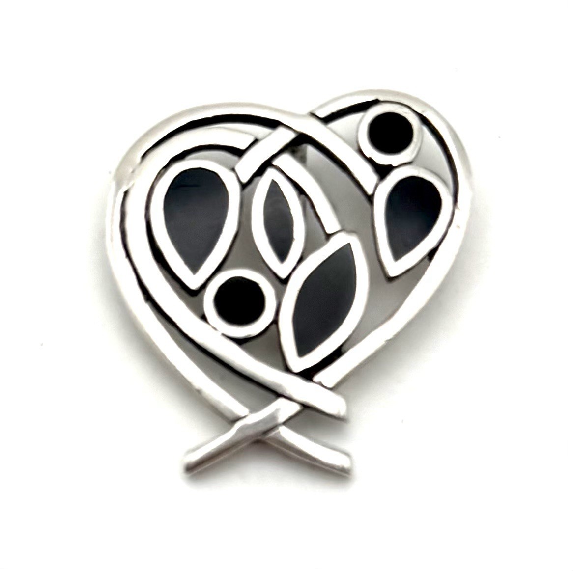 Sterling Silver 925 Heart Shaped Black Onyx Pendant Designer Asymmetrical 1.25”