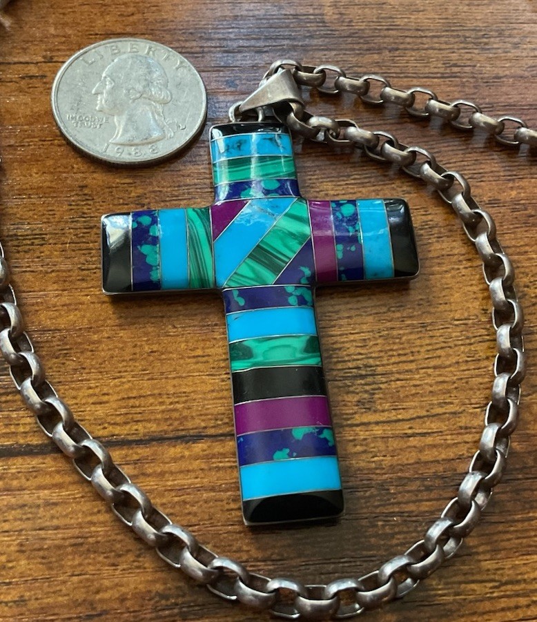 BIG VTG SIGNED CII 925 MEXICO TURQUOISE ONYX MALACHITE AZURITE CROSS NECKLACE