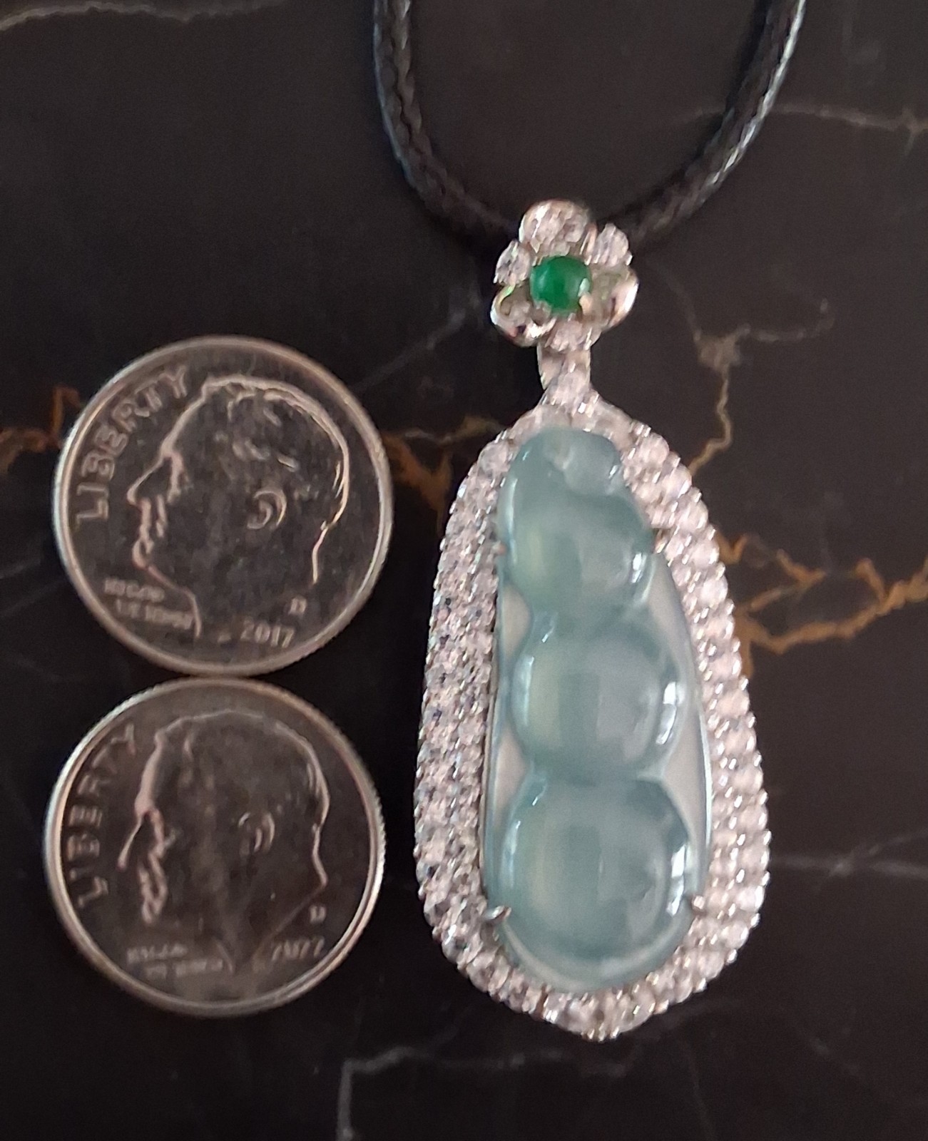 Natural Jadeite Teardrop Pendant Necklace 925 Sterling Silver Black Cord Signed