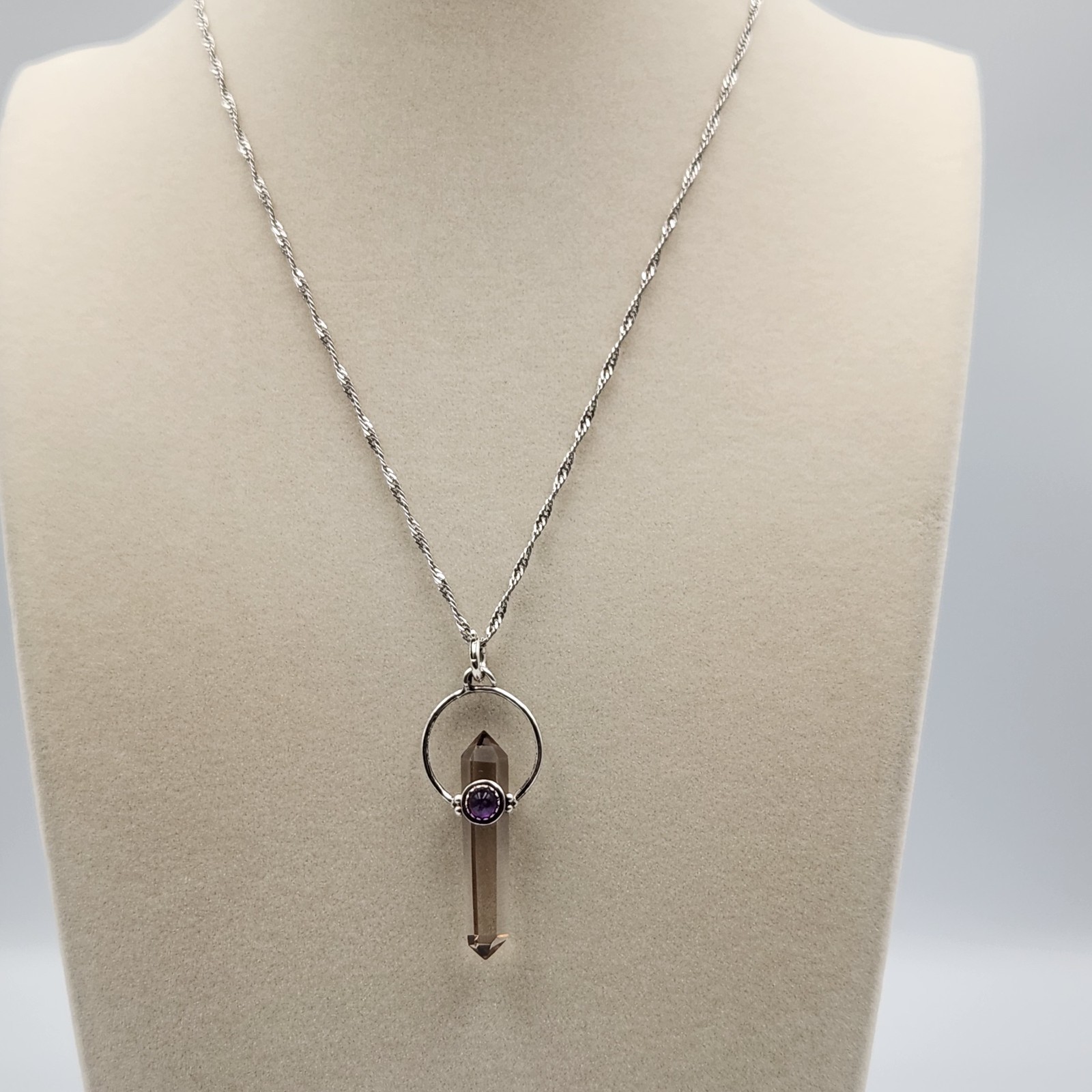 Sterling Silver Necklace With Smoky Quartz Crystal Point Pendant