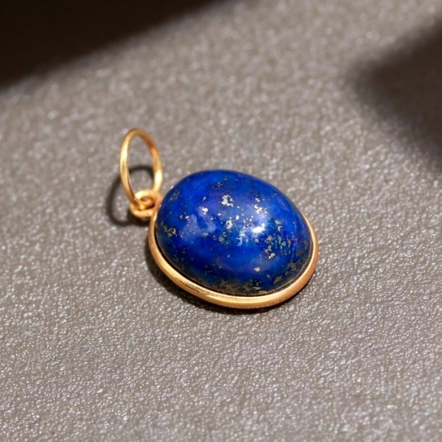 Cabochon Lapis Lazuli Gemstone 14k Yellow Gold Handmade Pendant Necklace For Her