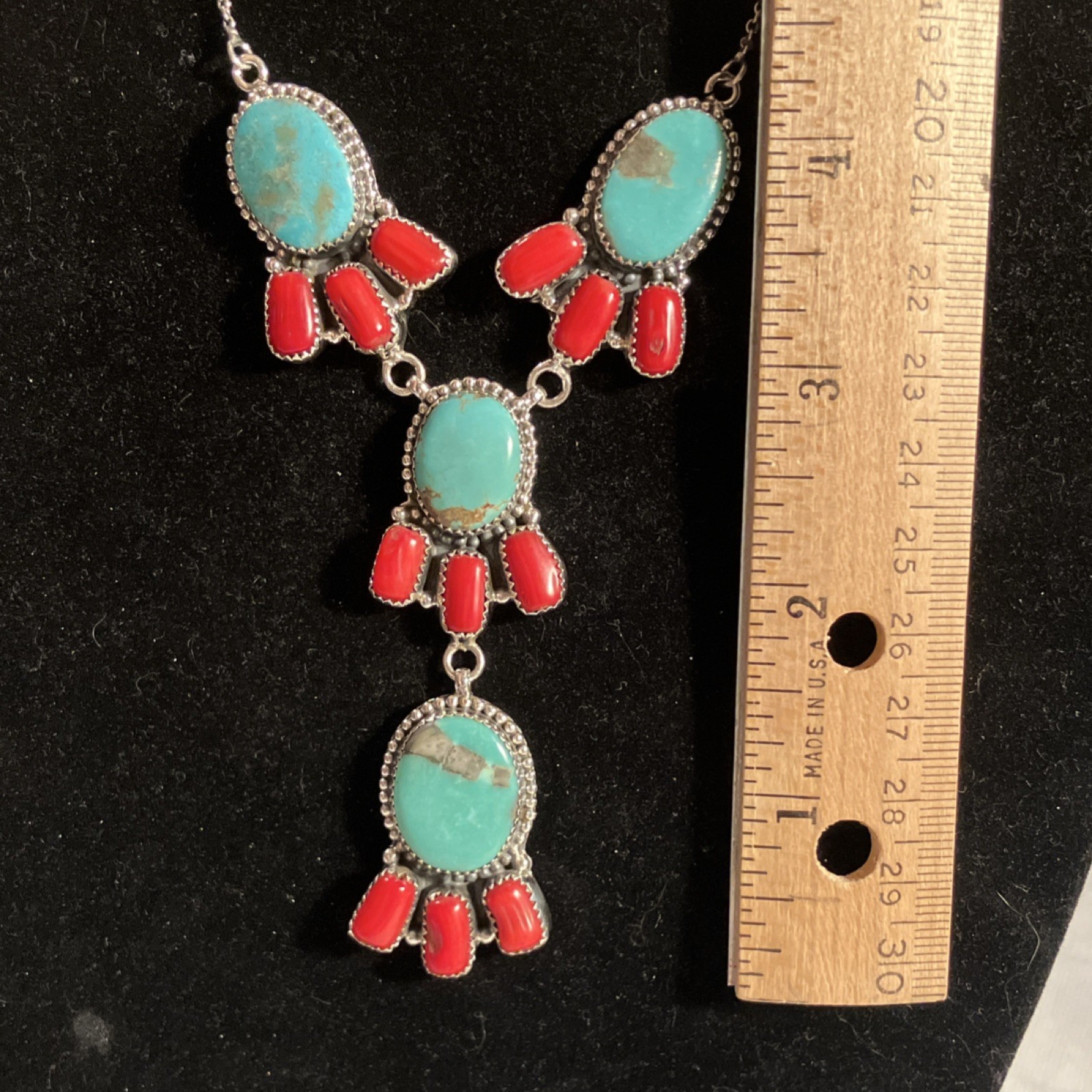 Natural Turquoise & Mediterranean Coral Bezel Set Lariat 18” Necklace 39gm Red