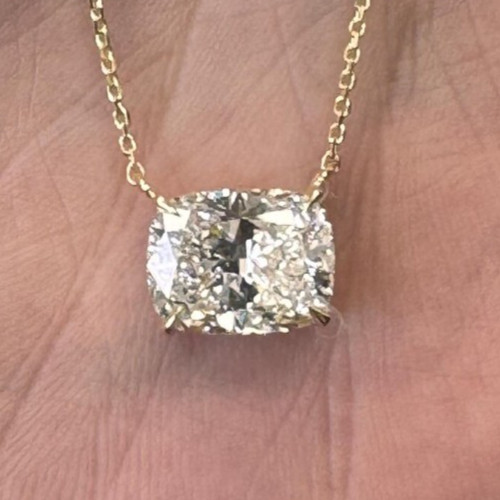 5Ct Cushion-Cut EF/VS1 Lab Grown Diamond Prong Necklace& Pendant 14k Yellow Gold
