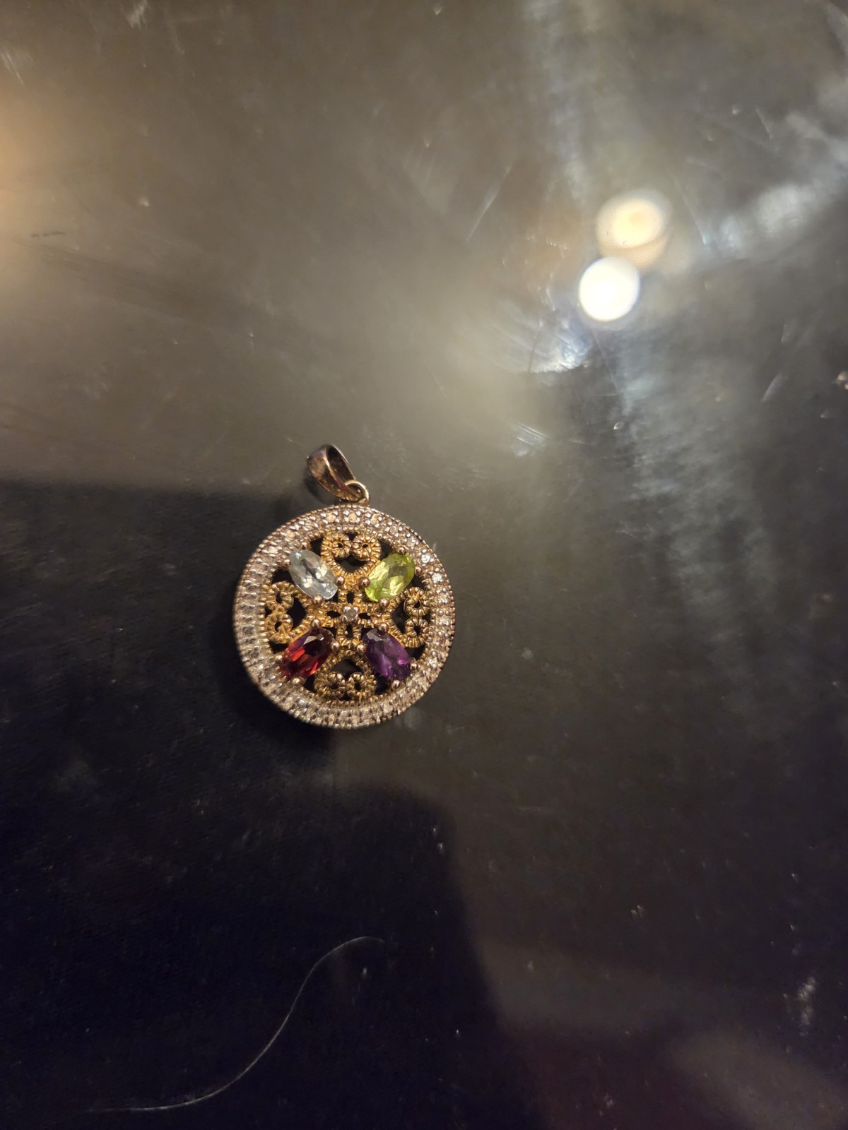 .Ross-Simons pendant features multi-color gemstones set in gold-plated sterling