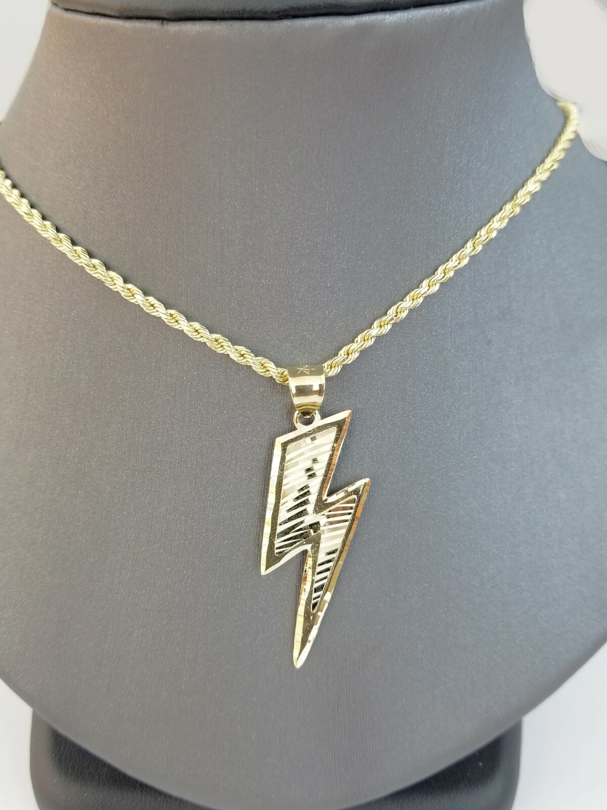 Men 10k Yellow Gold Lightning Bolt Charm Pendant Diamond Cut Design