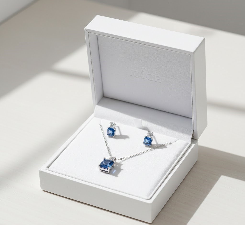 Lab Created Blue Sapphire Pendant Earring Set Everyday Wear 14k White GoldFinish