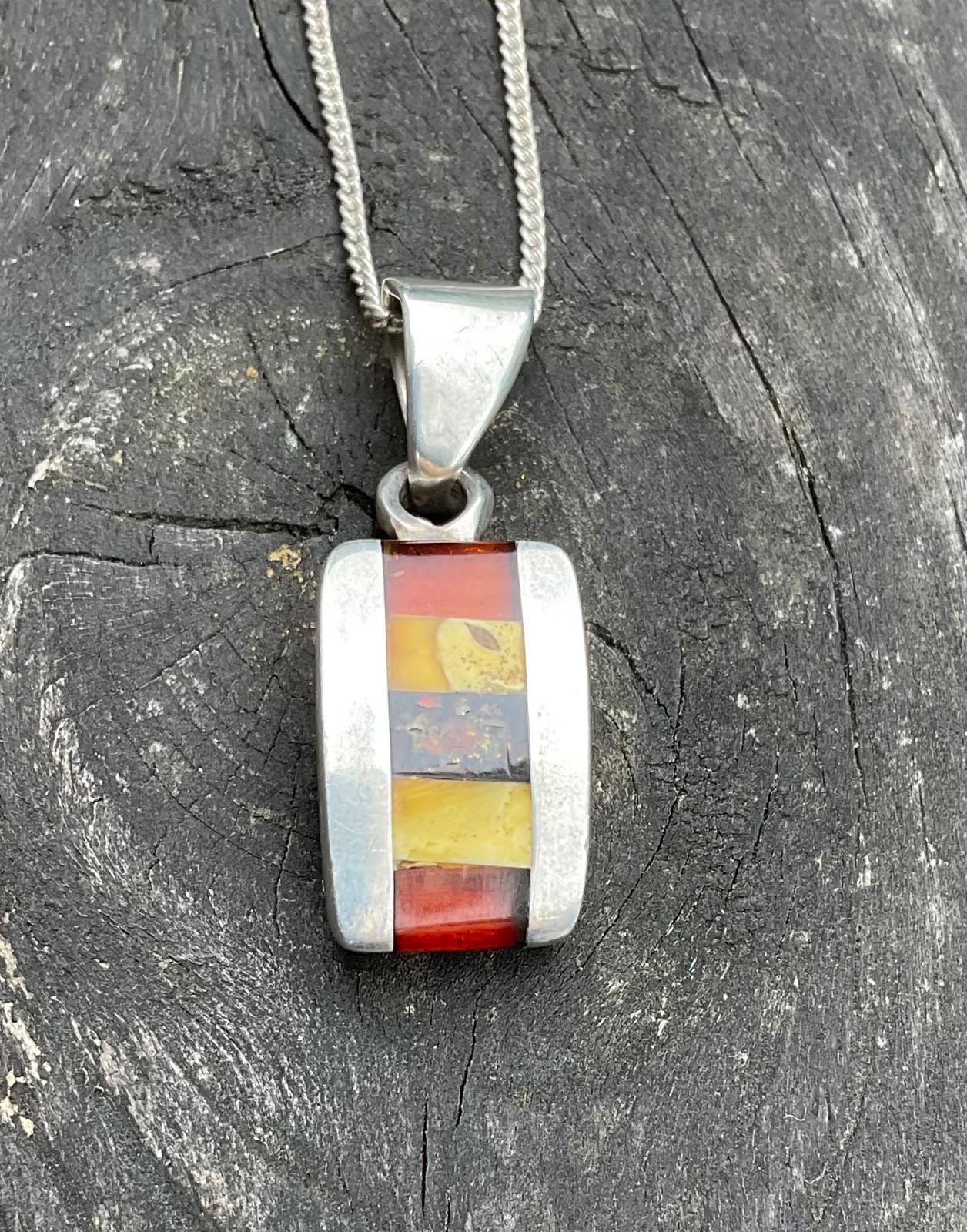 Sterling Silver Modernist Inlaid Baltic Milky Red Amber Pendant And Chain
