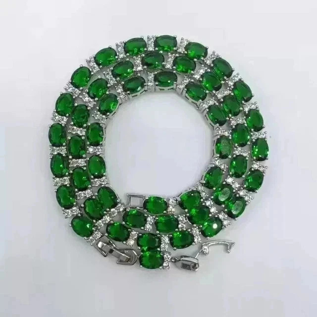 22Ct Oval Cut Lab-Created Emerald Men’s Tennis Necklace 14k White Gold Plated