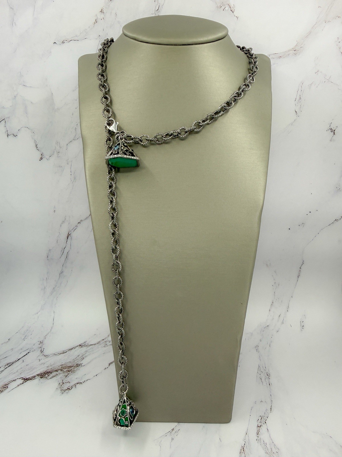 Ellure 925 Green Onyx London Blue & White Topaz Convertible Lariat Necklace