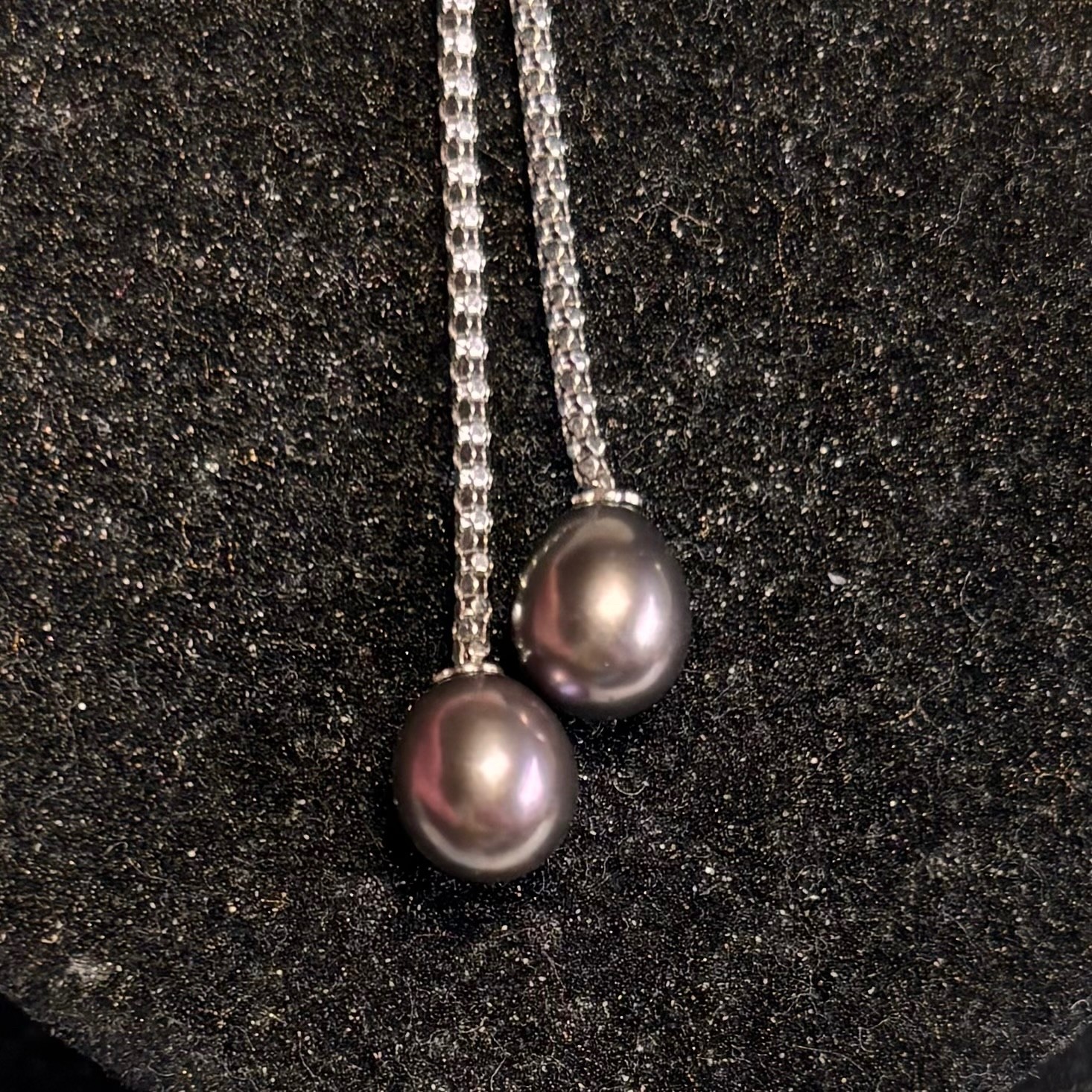 STERLING SILVER necklace two genuine black pearl Y drop tassels popcorn chain