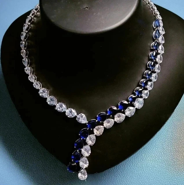 32Ct Pear Cut Lab Created Sapphire Women’s Tennis Necklace 14k White Gold Plated