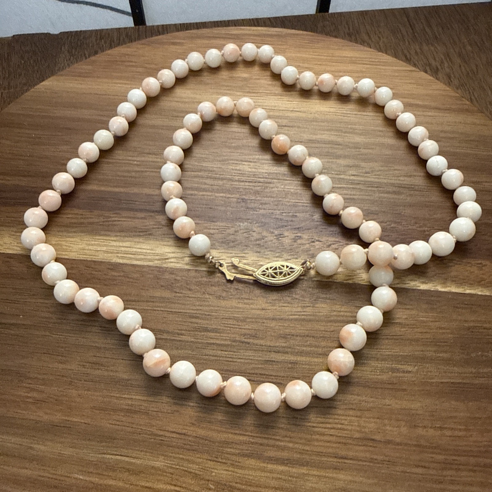 Angel Skin Pink Coral Necklace Knotted Beads 13″ Drop Estate Jewelry