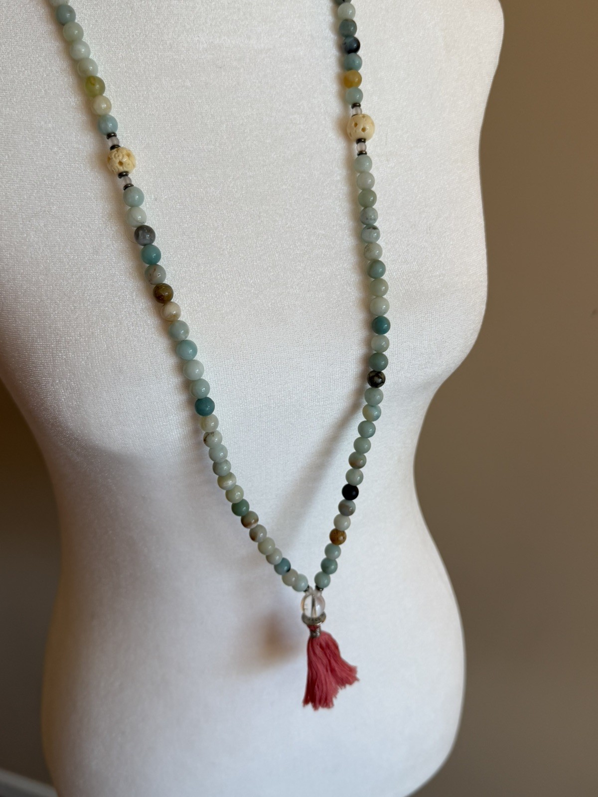 Silver & Sage Mala Necklace Green Amazonite and Quartz Pink Rose Tassel NEW