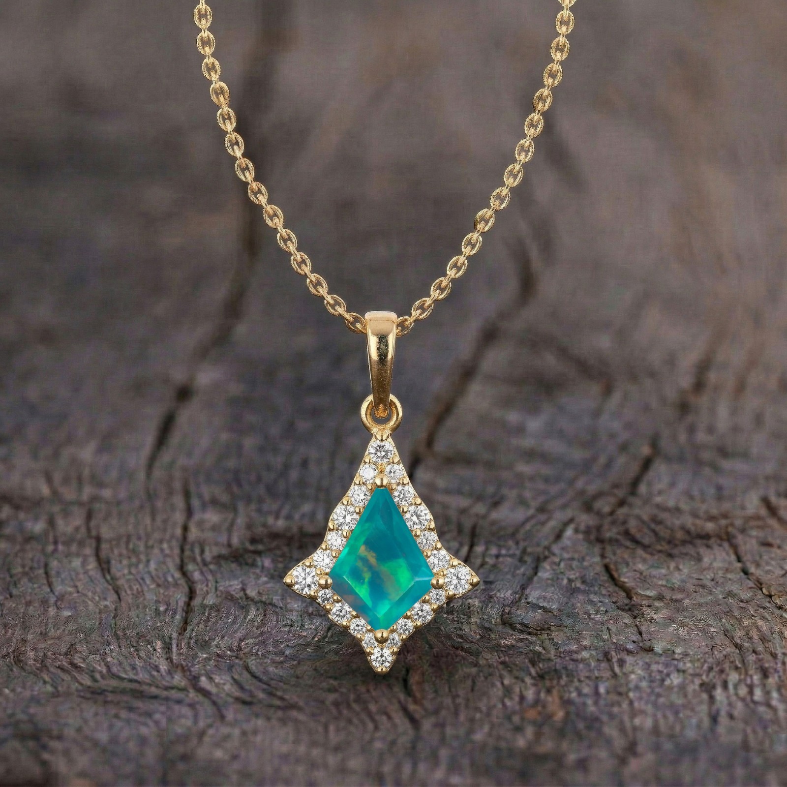 Green Opal Halo Pendant Necklace for Women, Gold Necklace,
