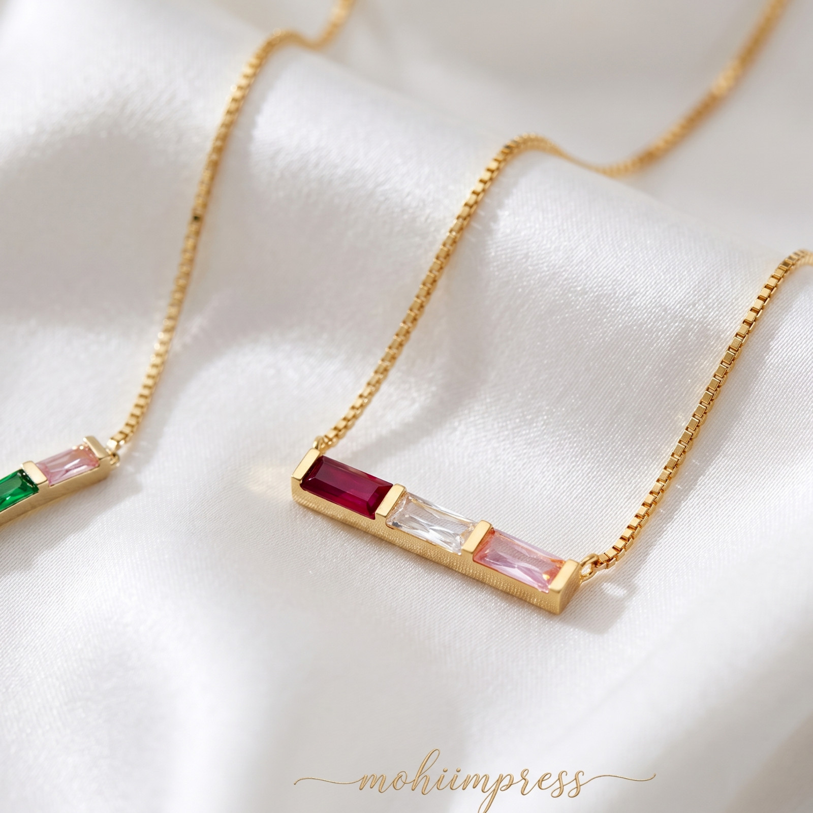 925 Sterling Silver Custom Baguette Birthstone Bar Necklace